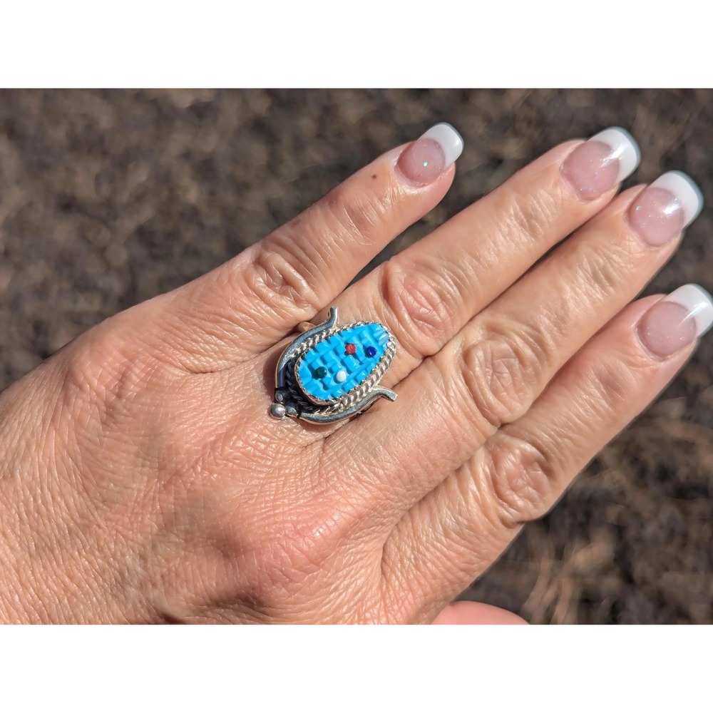 Zuni Corn Ring, Turquoise Sterling‎ Silver Native Am Handmade Jewelry Sz 8US**